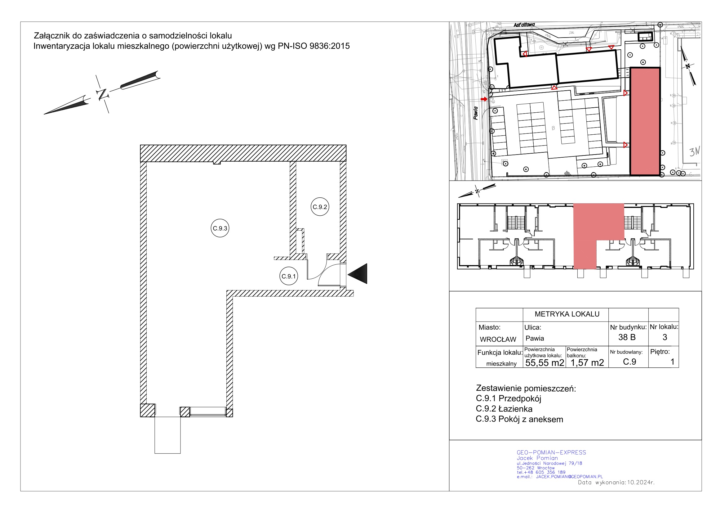 Rzut lokalu mieszkalnego Pawia 38B/3 C.9 z metryką powierzchni 55,55 m²
